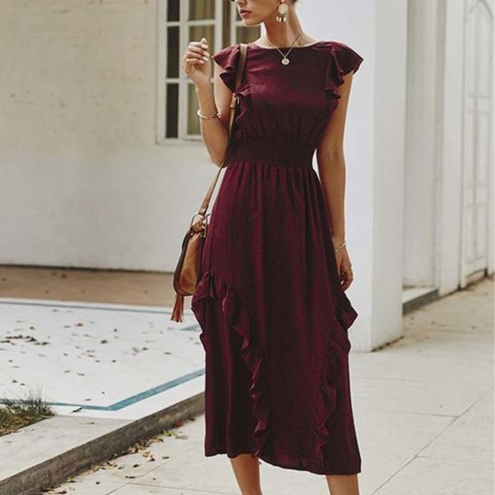 Supreme Fashions Wine Flutter-Sleeve Midi Dress XL